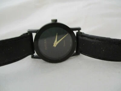 Black & Goldtone Futura Watch, Leather Buckle Band, WORKING! - Image 1 of 4