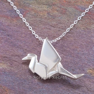 925 Sterlingsilber Origami Papier Vogel Kranich Schwan 3D Charm Anhänger 18" Halskette - Bild 1 von 3