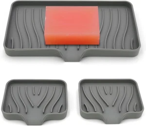 3-Pack Silicone Soap Dish & Sponge Holder Sink Tray Bathroom Kitchen Grey - Picture 1 of 5