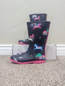 Size 2 Youth Joules Right as Rain Junior Roll Up Navy Horses Rain Boots - Picture 1 of 11