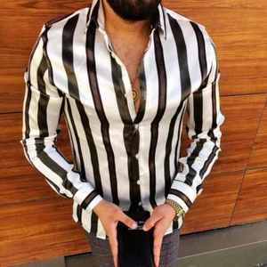 Button Down Hemd Herren Schwarz Weiß Gestreift Kontrast Langarm Streifen Freizeit Oberteil - Bild 1 von 1