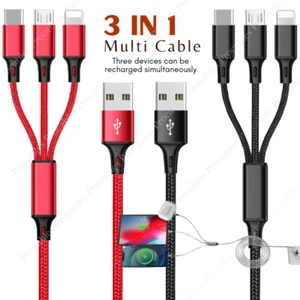 Multi Charging Cable Braided Universal 3 in 1 Fast Charge For iPhone Samsung Lot - Picture 1 of 15