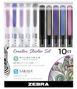 Zebra Pen Creative Starter Set, Viola/Grigio, confezione da 10 - 5 penne Mildliner e 5 Sarasa - Foto 1 di 5