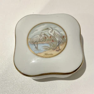 Vintage Geo Z Lefton 1987 Small Square Trinket Pot Egrets Florida Gold Trim - Picture 1 of 9