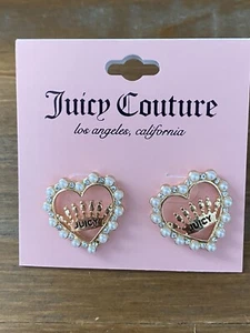 Juicy Couture Jewelry Gold Crown Heart Stud Earrings Pearl Juicy Logo Crown - Picture 1 of 11