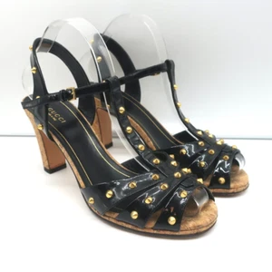 Gucci Jacquelyne Studded T-Strap Cork Sandals Black Patent Leather Size 38.5 - Picture 1 of 11