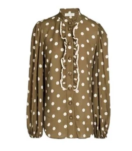 Zimmermann Frill Blouse | Khaki Olive/Cream Polka Dot, Spun Silk, Dolman Sleeves - Bild 1 von 7