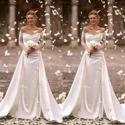 Luxury Mermaid Wedding Dresses Long Sleeved Detachable Train Satin Bridal Gowns - Image 1 of 4