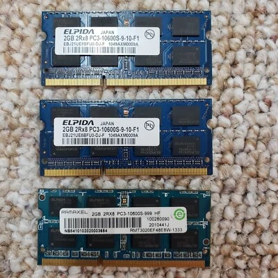 Laptop RAM 3 x 2GB 2Rx8 PC3-10600-9-10-f1 EBJ21UE8BFU0-DJ-F 1049AXM0009A - Image 1 of 2