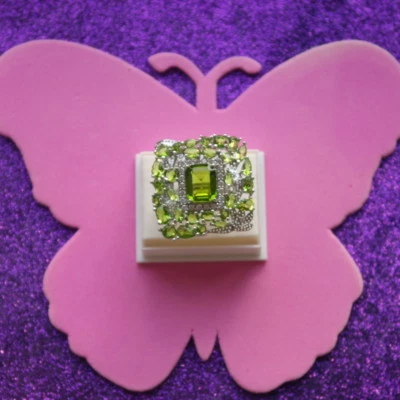 Gorgeous Peridot & CZ Silver Ring 10 Gr. Size O12  In Gift Box - Image 1 of 4