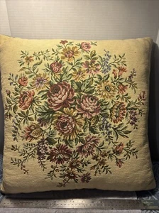 Tapestry Pillow Aubusson Style Floral Bouquet Green Velvet Backing 18” X 18” - Picture 1 of 7
