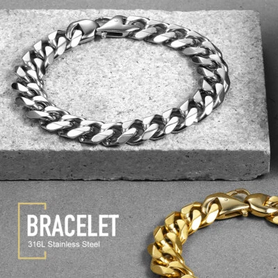 Cadena pulsera eslabón cubano bordillo corte acero inoxidable 316L 15 mm para hombre 8/9/10 pulgadas Foto 1 de 4