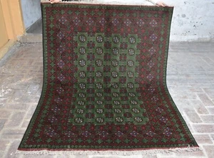 Grün Afghan Bokhara Orientteppich 5x7 Handgeknüpft Türkisch Schlafzimmer Teppich - Bild 1 von 10
