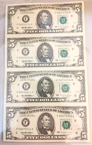 1995 $5 FEDERAL RESERVE NOTES ✪ UNCUT SHEET of 4 ✪ ATLANTA - Picture 1 of 2