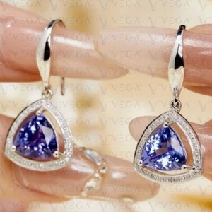 3.70carat Trillion Cut Natural Tanzanite & Diamond Earring 14K White Gold Plated - Picture 1 of 12