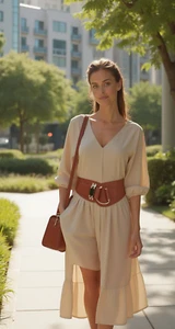 Women Brown Faux Leather Elastic Wide Belt Big Gold Metal Hook Buckle Size S M - Picture 1 of 24