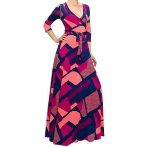 Janette Fashion Navy Pink Faux Wrap Maxi Dress Medium - Picture 1 of 3