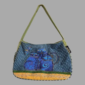 Borsa a tracolla Laurel Burch blu gatti 9" x 14" cerniera rotta - Foto 1 di 14