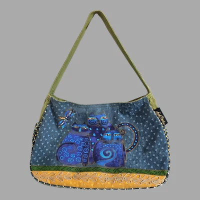 Laurel Burch Blue Cats Shoulder Handbag Purse 9" x 14" Broken Zipper - Image 1 of 4