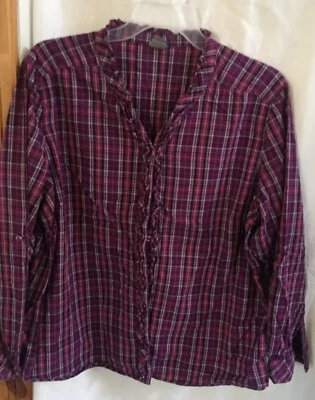 Camisa Laura Scott 20 22 Plus Mujer’s Púrpura Estampado a Cuadros 2x Borde con Volantes con Botones Foto 1 de 4