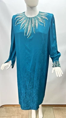 Vestido Vintage Francesca of Damon para Starington Azul Teal Seda Cuentas Lentejuelas 12 Foto 1 de 4