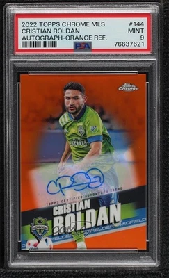 2022 Topps Chrome MLS Orange Refractor /25 Cristian Roldan #144 PSA 9 MINT Auto - Image 1 of 2