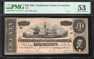 T-67 1864 $20 CONFEDERATE CURRENCY PMG 53 CIVIL WAR BILL - Picture 1 of 2