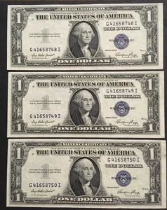 Lot of Three consecutive 1935 E Silver Certificate notes uncirculated $1.00 bill - Picture 1 of 2