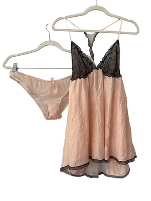 Victorias Secret Lingerie Set Size Large Babydoll Panty Peach Sheer Mesh Lace - Image 1 of 4
