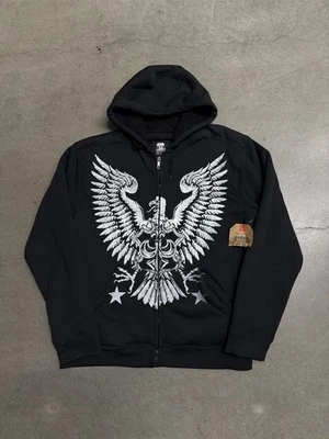 Y2K Route 66 Full Zip Sherpa Lined Eagle Hoodie Mens Large New W Tag Black/White - Image 1 of 4
