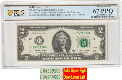2017A $2 Filled/Solid Star Error Notes PMG Graded 67EPQ - Scarce - Image 1 of 3