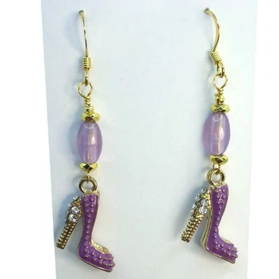 Pendientes artesanales de tacón alto con dije de cristal púrpura zapato de aguja vintage con cuentas NUEVO Foto 1 de 4