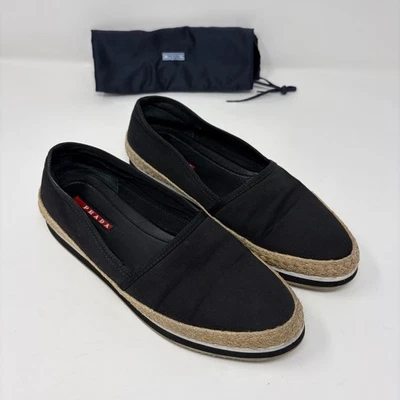 Mocasines Prada Sport sin cordones negros de lona de yute planos 39 EE. UU. 8,5-9 Boho Foto 1 de 4