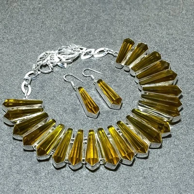 Faceted Lemon Topaz Pencil Shape Handmade Gemstone Jewelry Necklace+Earrings - Image 1 of 4