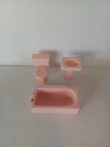 Vintage Renwal rosa Puppenhaus 3-teiliges Badezimmer Set Badewanne Waschbecken Toilette von 1946 RAR - Bild 1 von 4