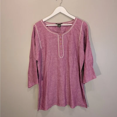 Eddie Bauer Linen Blouse Kaftan Tunic Embroidered Lagenlook Coastal - Size XLT - Image 1 of 4