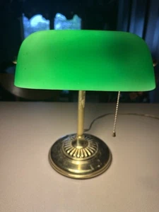 Vintage Banker's Desk Piano Lamp Green Glass Shade Pull Chain Brass Finish Base - Picture 1 of 10