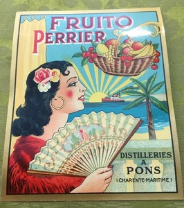 ETIQUETA DE PAPEL LICOR EMILE PERRIER FRANCESA AÑOS 20~FRUTAS/MUJER ESPAÑOLA/PLAYA~SIN USAR - Imagen 1 de 8