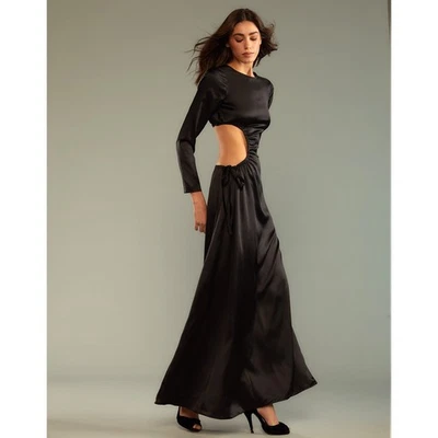 Maxi Vestido Cynthia Rowley Llamativo Corte Seda Negro Talla 2 Foto 1 de 4