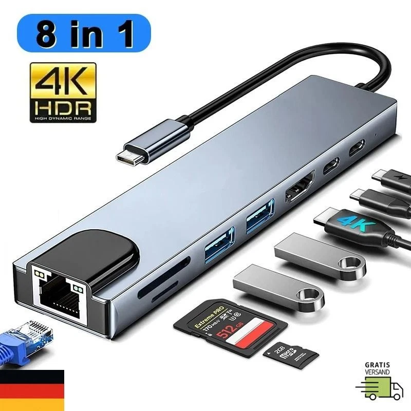 8-in-1 USB C Hub Adapter für MacBook Pro Air HDMI USB 3.0 SD/TF Kartenleser - Bild 1 von 4