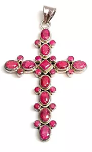 SLG Raspberry Rhodonite Gemstone Beaded Sterling Silver CROSS Necklace Pendant - Picture 1 of 7