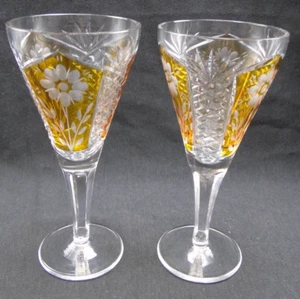 Pair Bohemian Amber Cut To Clear & Frosted Case Glass 4oz wine glasses 6⅛in - Picture 1 of 4