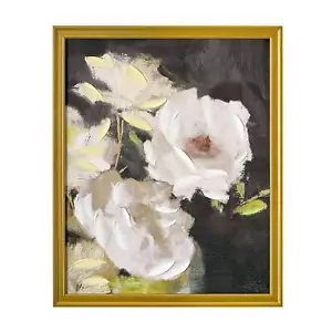 Hand Painted Romantic White Florals Gold Wood Framed Canvas Wall Art 16 X 20 - Picture 1 of 9
