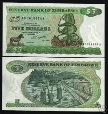 ZIMBABWE 5 DOLLARS P-2 B 1982 *BW* REPLACEMENT ZEBRA UNC RARE RHODESIA BANK NOTE - Image 1 of 4