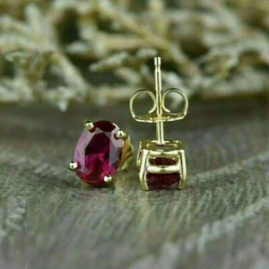 2.00 TCW Oval Natural Red Ruby Solitaire Stud Dainty Earrings 14k Yellow Gold - Picture 1 of 12