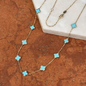 14K Yellow Gold Turquoise 7mm Flower Station Cable Chain Necklace 16-18" - Picture 1 of 7
