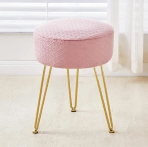 Velvet round Vanity Stool, Modern Ottoman Foot Rest with Adjustable Golden Legs, - Picture 1 of 6