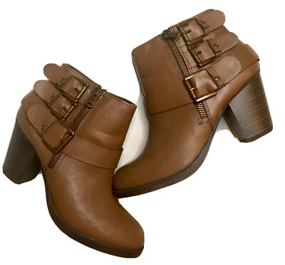 Botines Cathy Jean Tacón Grueso Cremallera/Hebilla Talla 7.5 Coñac Foto 1 de 4