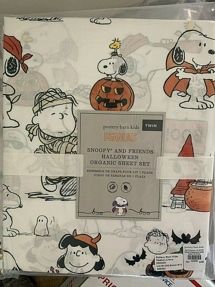 Pottery Barn Kids Peanuts HALLOWEEN organic TWIN sheet set SNOOPY teen COTTON - Image 1 of 1