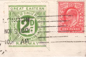 GB GER RAILWAY 2d Letter Stamp 1910 London Machine KEVII 1d Piece Used LIME163 - Picture 1 of 5